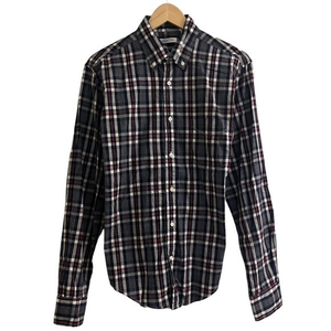 Gustin Mens Button Down Shirt Navy Blue & Red Plaid Pocket Cotton USA Size L euc